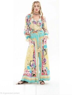 Aratta Silent Journay Artisan Leopard Multicolor Floral 2 Pc Set Women's Sz M
